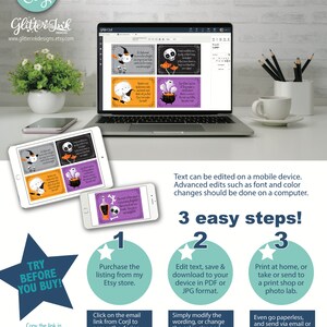 May include: A laptop screen displays a digital design template for printable Halloween cards. The design features a cauldron, a ghost, and a skull. The text on the screen reads "It's the one place where you can be truly yourself.  Enjoy your treat!"  The image also includes a call to action to "Try Before You Buy!" and instructions on how to purchase and edit the design.