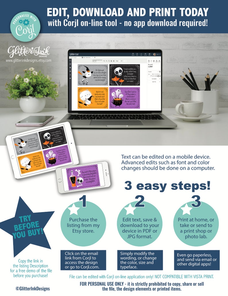 May include: A laptop screen displays a digital design template for printable Halloween cards. The design features a cauldron, a ghost, and a skull. The text on the screen reads "It's the one place where you can be truly yourself.  Enjoy your treat!"  The image also includes a call to action to "Try Before You Buy!" and instructions on how to purchase and edit the design.
