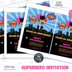 May include: A superhero-themed birthday invitation with a black background and a blue and pink cityscape. The invitation features a cartoon superhero girl with a pink cape and a pink lightning bolt symbol on her chest. The text on the invitation reads "Calling All Super Heroes!" and "Haley's 6th Birthday!"