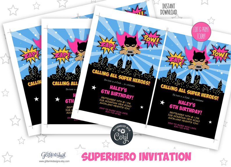 May include: A superhero-themed birthday invitation with a black background and a blue and pink cityscape. The invitation features a cartoon superhero girl with a pink cape and a pink lightning bolt symbol on her chest. The text on the invitation reads "Calling All Super Heroes!" and "Haley's 6th Birthday!"