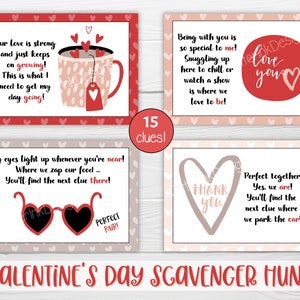 May include: Valentine's Day scavenger hunt printable cards with 15 clues. The cards feature red and pink hearts, a coffee mug, sunglasses, and a heart with the words "Thank You".