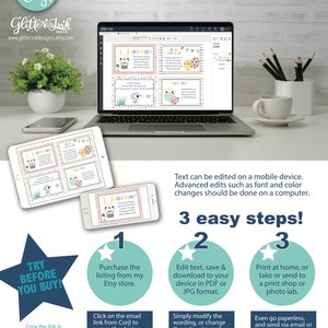 May include: A digital screen displaying a printable Easter egg hunt game with a cute bunny and chick design. The text on the screen reads "Try Before You Buy!" and "3 Easy Steps!" The image also includes a laptop computer and a white mug.