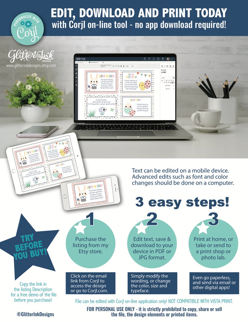 May include: A digital screen displaying a printable Easter egg hunt game with a cute bunny and chick design. The text on the screen reads "Try Before You Buy!" and "3 Easy Steps!" The image also includes a laptop computer and a white mug.