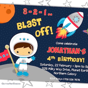 Outer space party printable invitation / Space boy astronaut birthday invitation / Spaceship rocket invitation / Galaxy party invite
