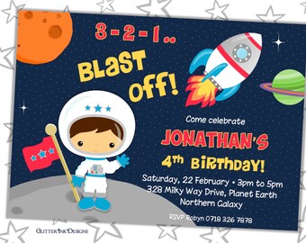 May include: A blue and white space-themed birthday invitation with a cartoon astronaut, a rocket ship, and stars. The text reads "8-2-1.. BLAST off! Come celebrate JONATHAN'S 4th BIRTHDAY! Saturday, 22 February 3pm to 5pm 328 Milky Way Drive, Planet Earth Northern Galaxy RSVP Robyn 0718 326 7878"
