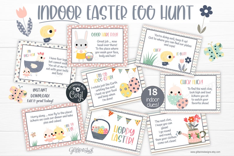 May include: Printable Easter egg hunt clues with 18 cards featuring cute illustrations of chicks, bunnies, and eggs. The cards have a pink, blue, and green color scheme with polka dots and stripes. The text on the cards includes phrases like "Good Hair Day!" and "I'm So Egg-cited!"