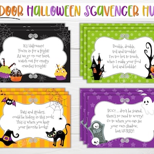 Cartões de pistas de caça ao tesouro de Halloween / Pistas de caça ao tesouro de Halloween / Jogos de festa de Halloween para impressão / Caça ao tesouro em ambientes fechados para crianças