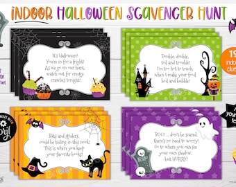 Tarjetas con pistas para la búsqueda del tesoro de Halloween / Pistas para la búsqueda del tesoro de Halloween / Juegos de fiesta de Halloween para imprimir / Búsqueda del tesoro en interiores para niños