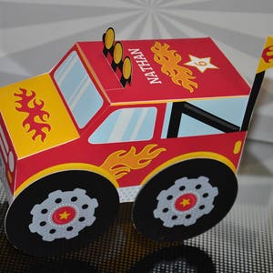 Monster truck printable favor box, DIY Ppapercraft truck party favors editable centerpiece decoration, Edit and print with Corjl