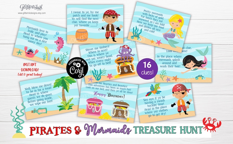 Mermaid and pirate treasure hunt / Mermaid party scavenger hunt clue cards / Pirate party treasure chest hunt clues / Party games for kids image 4
