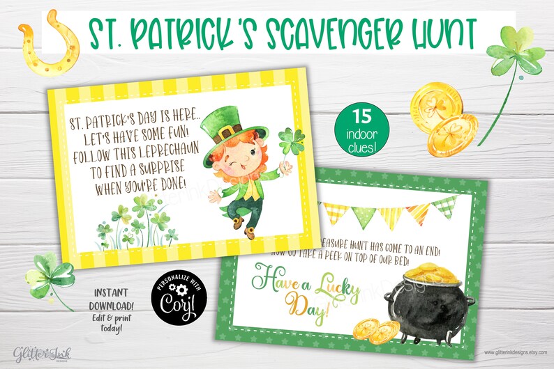 Op de afbeelding: Een printbare St. Patrick's Day speurtocht met 15 indoor-aanwijzingen. De eerste kaart toont een cartoon-kabouter die een klavertjevier vasthoudt en de tekst "St. Patrick's Day is hier... Laten we wat plezier hebben! Volg deze kabouter om een verrassing te vinden wanneer je klaar bent!" De tweede kaart toont een pot met goud en de tekst "Veel geluk!"