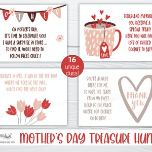 May include: A printable Mother's Day treasure hunt game with 16 clues. The cards feature illustrations of a teacup, flowers, and a heart with the text "Thank You".