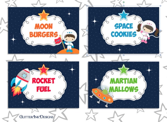 Space Rocket party pdf printable outer space buffet table cards / candy jar labels - astronaut, spaceship, alien ship - TEXT EDITABLE Il_570xn