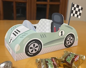 Pastel green Race car party paper craft candy treat box / Racing car birthday printable favor box / Two fast racing party favors snack box