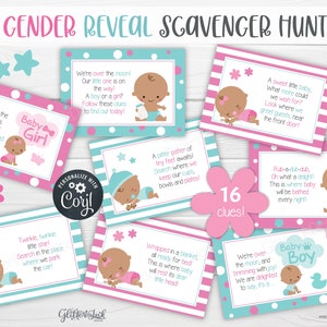 Schede indizi per la caccia al tesoro per rivelare il sesso del nascituro, giochi per feste di baby shower, indizi stampabili per la caccia al tesoro afroamericana