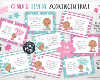 Gender reveal scavenger hunt / Gender reveal treasure hunt clues / Printable Gender reveal games African American dark skin baby shower teal