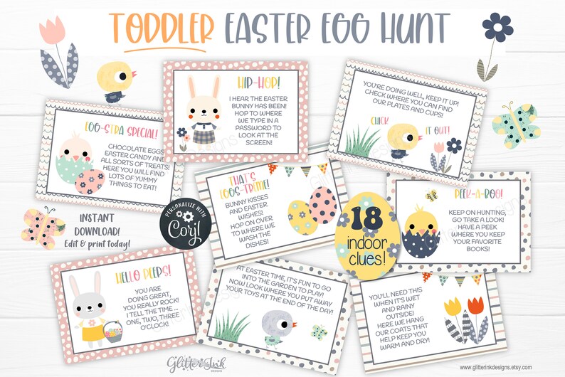 Toddler Easter scavenger hunt easy clues / Printable Easter egg hunt indoors / Editable kids treasure hunt clues / Easter bunny party games image 2