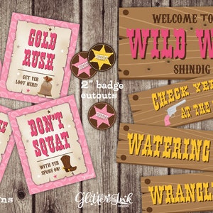 40th birthday Pink cowgirl party Wild West photo booth props - printable signs and sheriff badges party decor for cowboy western birthday