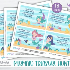 May include: A printable mermaid treasure hunt game with 16 clues. Each clue features a mermaid illustration and a rhyming verse. The game is designed to be printed on letter-sized paper and folded to fit small treasure bags or boxes.