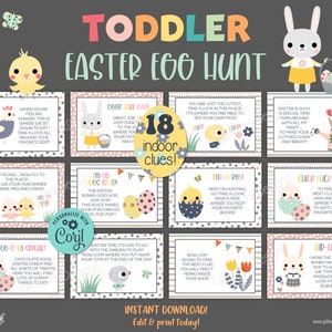 Toddler Easter scavenger hunt easy clues / Printable Easter egg hunt indoors / Editable kids treasure hunt clues / Easter bunny party games image 1