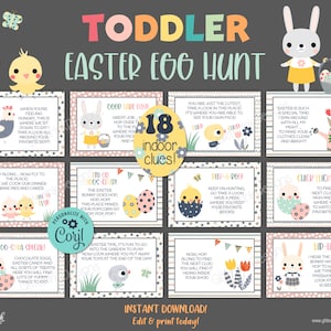 Pistas fáciles para la búsqueda del tesoro de Pascua para niños pequeños / Búsqueda de huevos de Pascua para imprimir en interiores / Pistas editables para la búsqueda del tesoro para niños / Juegos de fiesta con conejitos de Pascua
