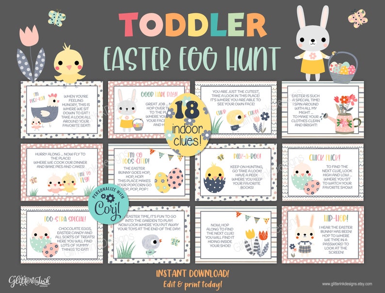 Toddler Easter scavenger hunt easy clues / Printable Easter egg hunt indoors / Editable kids treasure hunt clues / Easter bunny party games image 1