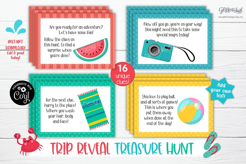 May include: A collection of colorful cards for a trip reveal treasure hunt. Each card features a unique clue with illustrations of a watermelon, camera, beach towel, beach ball, and flip-flops. The cards are designed with a playful and inviting aesthetic.