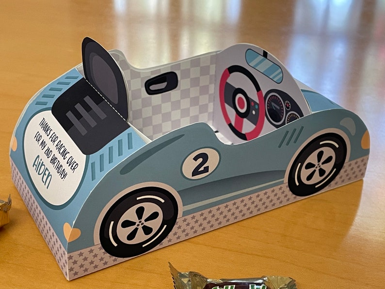 Race car birthday printable favor box / Papercraft racing car candy treat box / Two fast race car party favors Racing party car centerpiece image 2