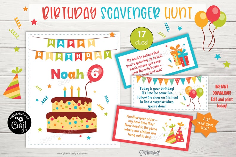 Birthday party scavenger hunt clue cards & sign / Birthday treasure hunt clues for kids / Printable birthday party game - instant download image 2