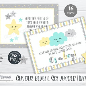Gender reveal scavenger hunt clue cards for baby shower party games, Neutral nursery printable treasure hunt clues image 4