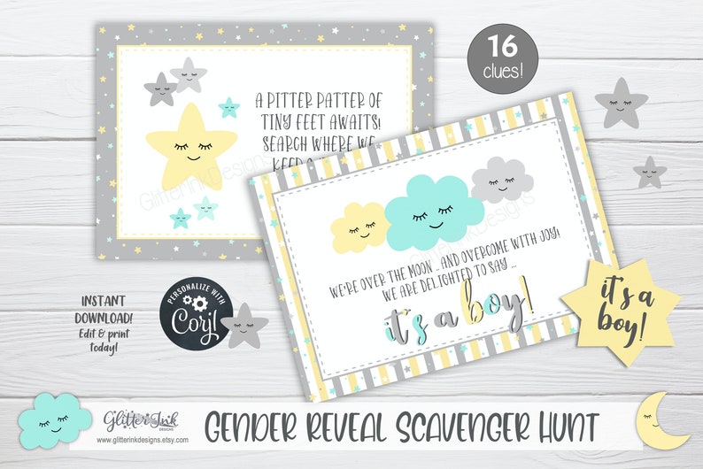 Gender reveal scavenger hunt clue cards for baby shower party games, Neutral nursery printable treasure hunt clues image 4
