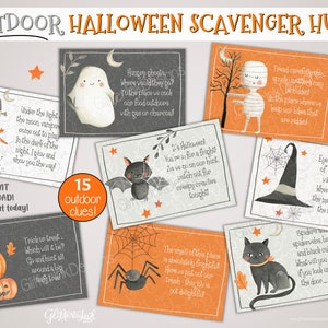 Outdoor Halloween scavenger hunt / Kids Halloween treasure hunt clues / Halloween party games / Black cat cute ghost mummy zombie witch hat