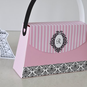 Paris Party druckbare Geldbörse Geschenkbox, Ooh la la Gastgeschenke, Rosa Streifen Schwarz-Weiß-Damast Leckerbissen für süßen 16. Geburtstag