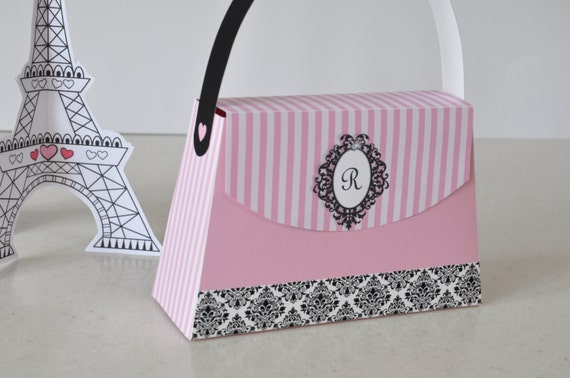 Paris Party purse favor box / Purse party favors in pink stripes with black & white damask / Paris handbag with Eiffel Tower Ooh la la Il_570xn