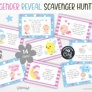Tarjetas con pistas para la búsqueda del tesoro para revelar el género del bebé, pistas para la búsqueda del tesoro para imprimir en juegos de fiesta de baby shower, juego familiar editable con sorpresa para hermanos