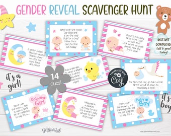 Gender reveal scavenger hunt / Gender reveal treasure hunt clues / Printable Gender reveal games baby shower party game edit with Corjl