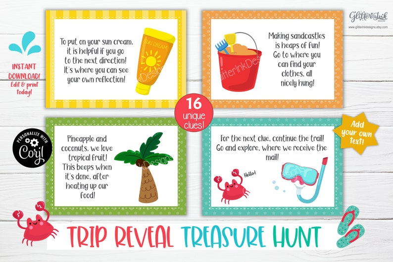 May include: A colorful Trip Reveal Treasure Hunt game with 16 unique clues. The cards feature illustrations of a sunscreen bottle, a sand bucket, a palm tree, and a crab with a snorkel. The text says "Add your own text!"