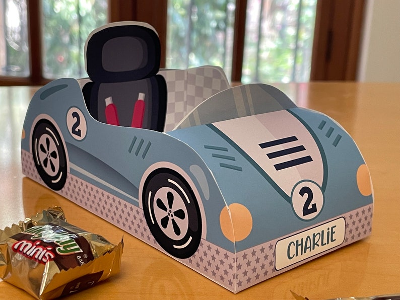 Race car birthday printable favor box / Papercraft racing car candy treat box / Two fast race car party favors Racing party car centerpiece image 7