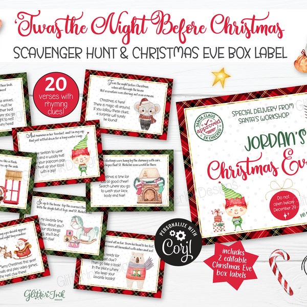 Twas the night before Christmas scavenger hunt with printable Christmas Eve Box label / Christmas Eve gift hunt for kids treasure hunt clues