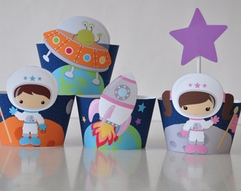 Outer space party cupcake wrappers / astronaut party cupcake toppers / Astronaut birthday star toppers / rocket, aliens spaceship