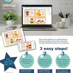 Pu&ograve; includere: Uno schermo di laptop che mostra un design digitale stampabile con un tema autunnale. Il design presenta una variet&agrave; di elementi autunnali, tra cui zucche, foglie e una torta. Il testo sullo schermo dice "PROVA PRIMA DI ACQUISTARE!" e "3 semplici passaggi!" L'immagine include anche una call to action per acquistare il design dal negozio Etsy.