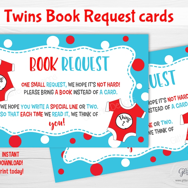 Twins baby shower book request cards / Baby library baby book request / Double the trouble twice the fun