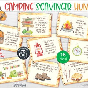 Cartes-indices imprimables pour camping, chasse au trésor pour enfants en plein air pour camping, jeux de fête d'anniversaire personnalisables pour le camping dans l'arrière-cour