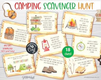 May include: A set of 18 printable camping scavenger hunt clues with watercolour illustrations. The clues are printed on a wood-grain background with a green border. The text on the cards includes "Camping, Fishing, Hiking", "Happy Birthday", "18 clues", and "Add your own clues!"