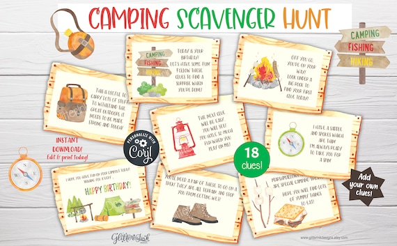 Camping scavenger hunt printable clue cards, Campground outdoor kids treasure hunt clues, Backyard campout customizable birthday party games