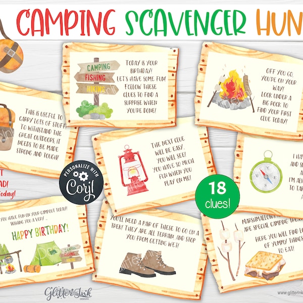 Camping scavenger hunt / Camping party printable outdoor kids treasure hunt clues / Backyard campout birthday party games camping printables