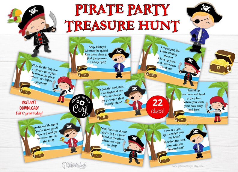 May include: A set of 22 printable pirate treasure hunt clues featuring cartoon pirates on a tropical island background. The clues are written in a fun, rhyming style and are perfect for a pirate-themed party.