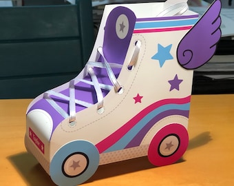La fête du patin à roulettes favorise les boîtes de faveur imprimables, boîte de régals modifiable d'anniversaire de patinage de basket-ball, édition de fichier numérique et téléchargement avec Corjl