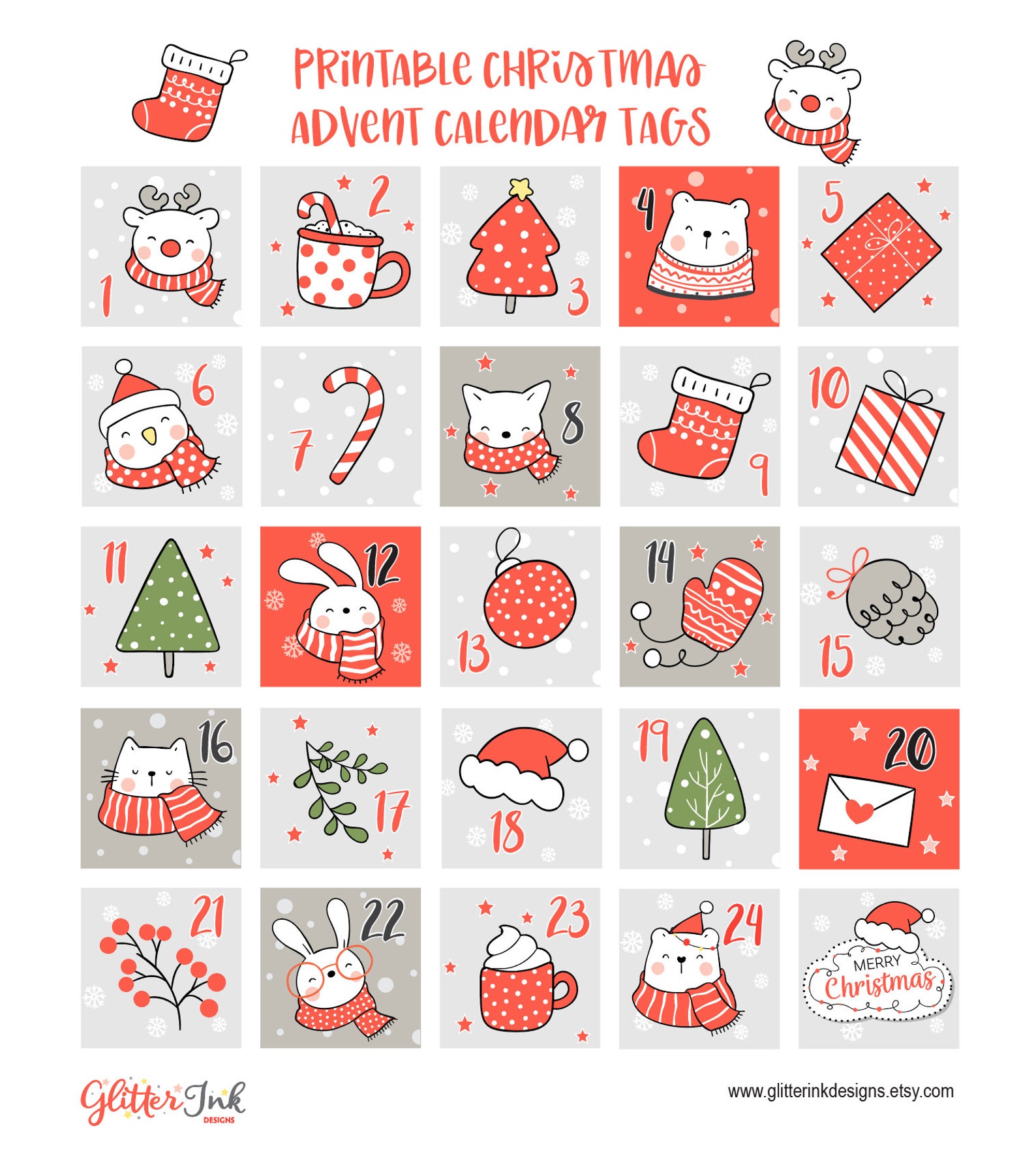 Printable Advent Calendar Tags / Christmas Advent Calendar Etsy