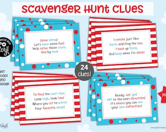 Birthday party treasure hunt clues, Printable scavenger hunt clue cards, Indoor outdoor activity for kids and baby shower games